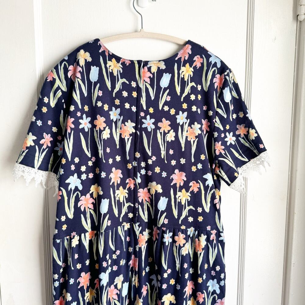 VTG Talbots Floral Maxi Dress Lace Sleeve Detail Tulip Print Navy Short Sleeve L - Picture 13 of 16